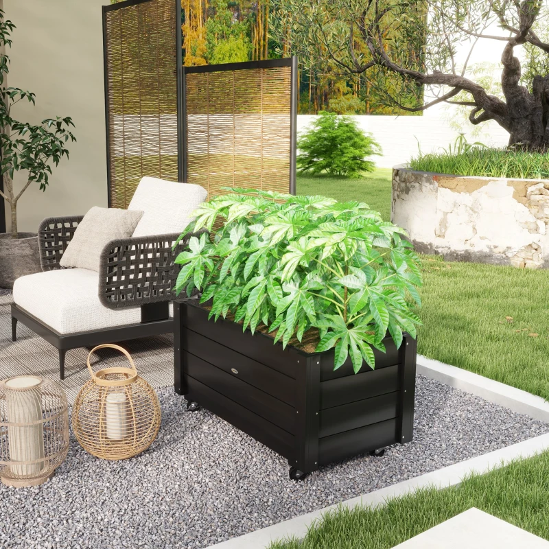 Outsunny Fioriera da Giardino con Foro di Drenaggio e Rotelle, in Legno di Abete, 89x48x47 cm, Nera