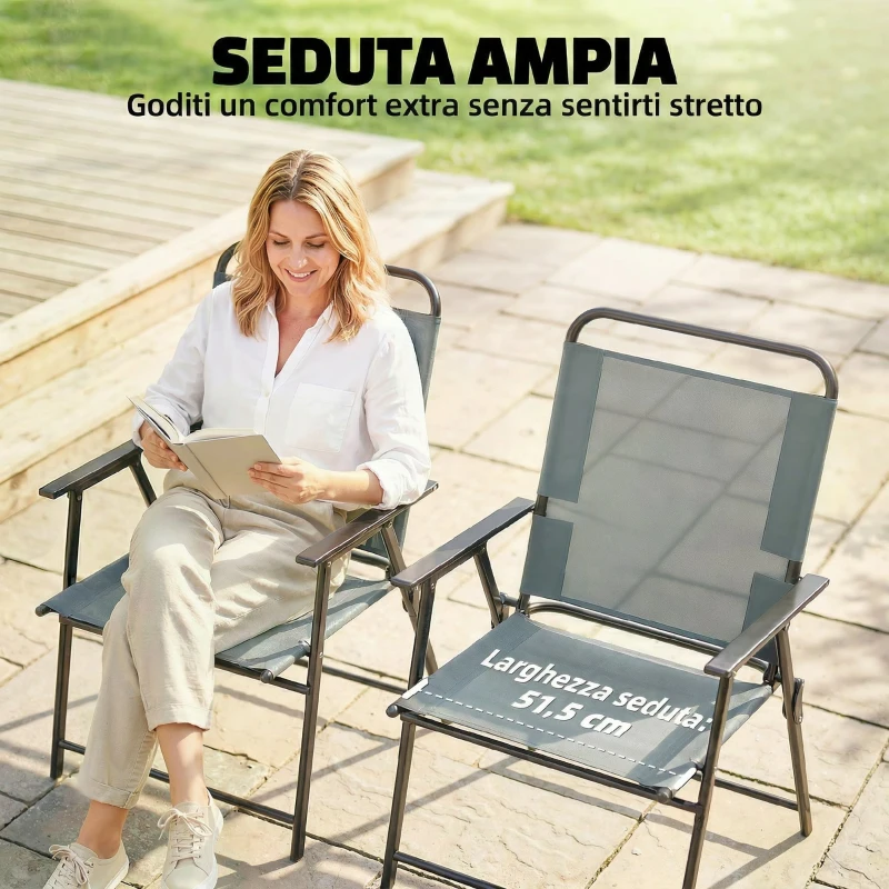 Outsunny Set di 2 Sedie Pieghevoli da Giardino con Braccioli e Seduta in Rete, Grigio