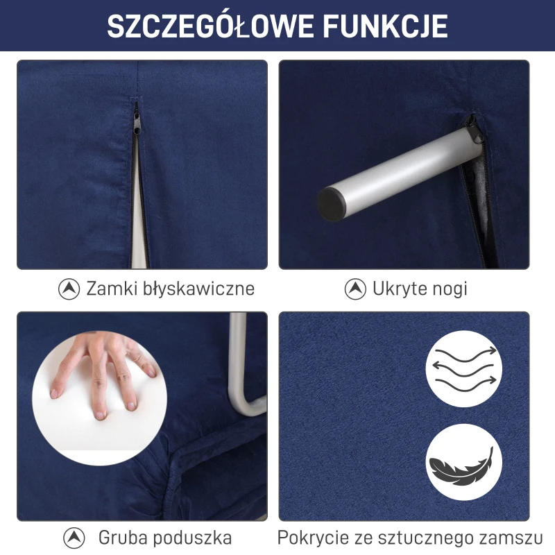HOMCOM Sofa do Spania, 5-stopniowa Regulacja, Imitacja Zamszu, Rama Metalowa, w zestawie Poduszki, Granatowa(m-6)