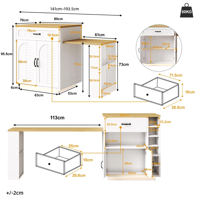 Extendable Kitchen Island with Built-In Wine Rack, Multifunctional Storage Cabinet with Dining Table, 141-193.5L x 70W x 101.5H cm, White