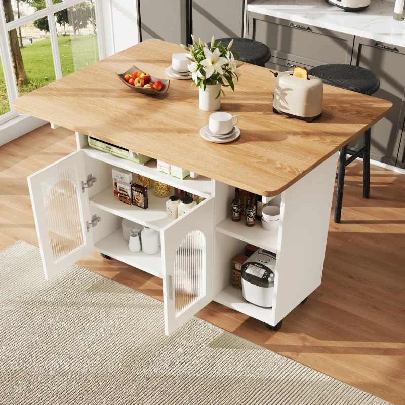 Mobile Kitchen Island with Fold-Down Dining Extensions, Versatile Serving Trolley with Open Shelves, 120L x 30-70W x 79.5H cm, White