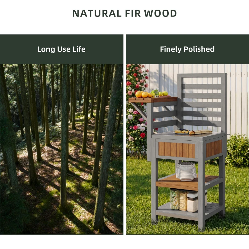 Wooden Garden Cabinet with Stainless Steel Worktop & 2-Tier Shelving, Versatile Sideboard for Patio or Balcony, 74L x 54W x 149H cm, Natural