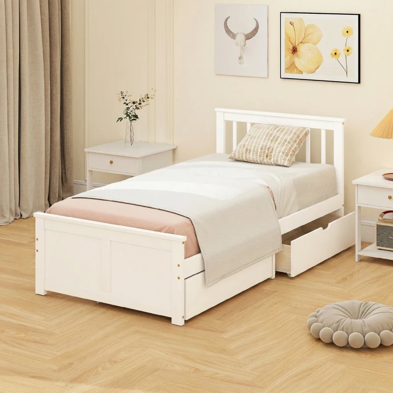 HOMCOM Estructura de Cama 90 x 190 cm en Madera Maciza,  2 Cajones con Ruedas, Cabecero, Pie de Cama, Somier de Lamas, Blanco
