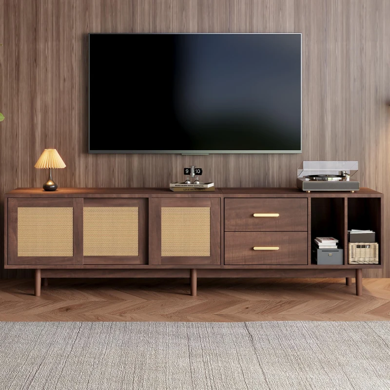 Stylish TV Stand Cabinet with Rattan Sliding Doors & 2 Drawers, Sturdy Media Console with Ample Storage, 190L x 40W x 52H cm, Wood