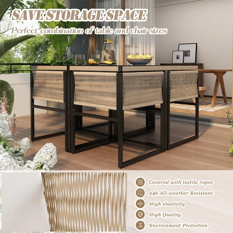 5-Piece Garden Dining Set with Hand-Woven Rope Chairs, Modern Garden Furniture Set for Balcony, 110L x 110W x 74H cm, Beige+Black