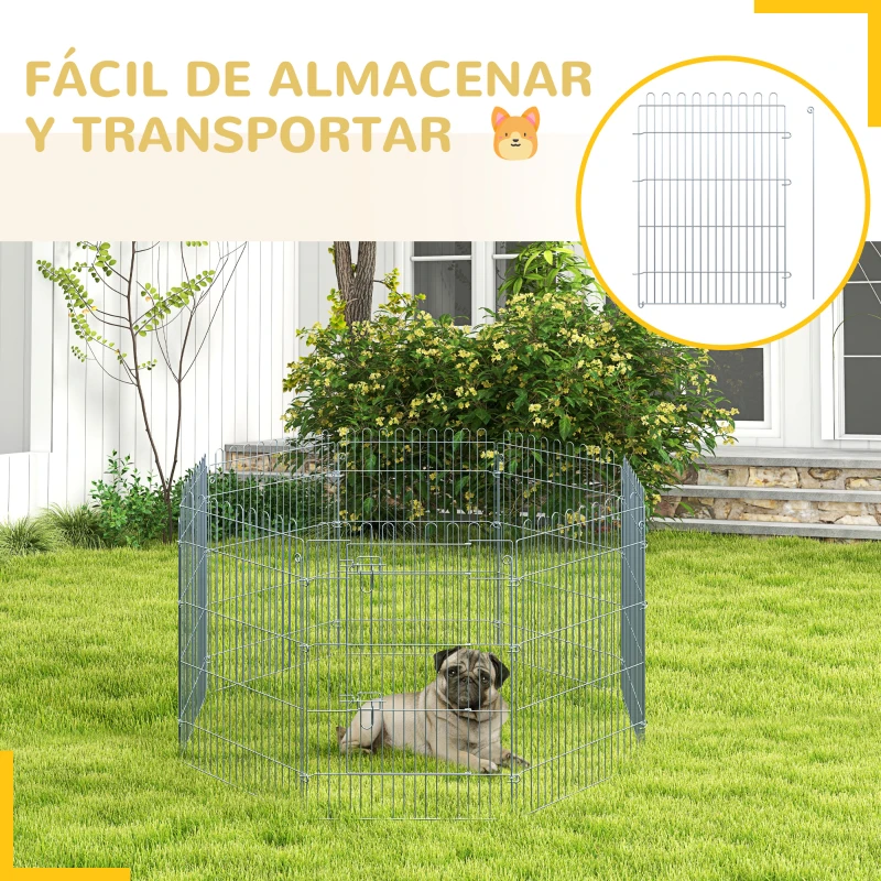 PawHut Vallas para Perros Plegables de 8 Piezas 63x76 cm con 1 Puerta y Marco de Acero para Jardín Patio Plata