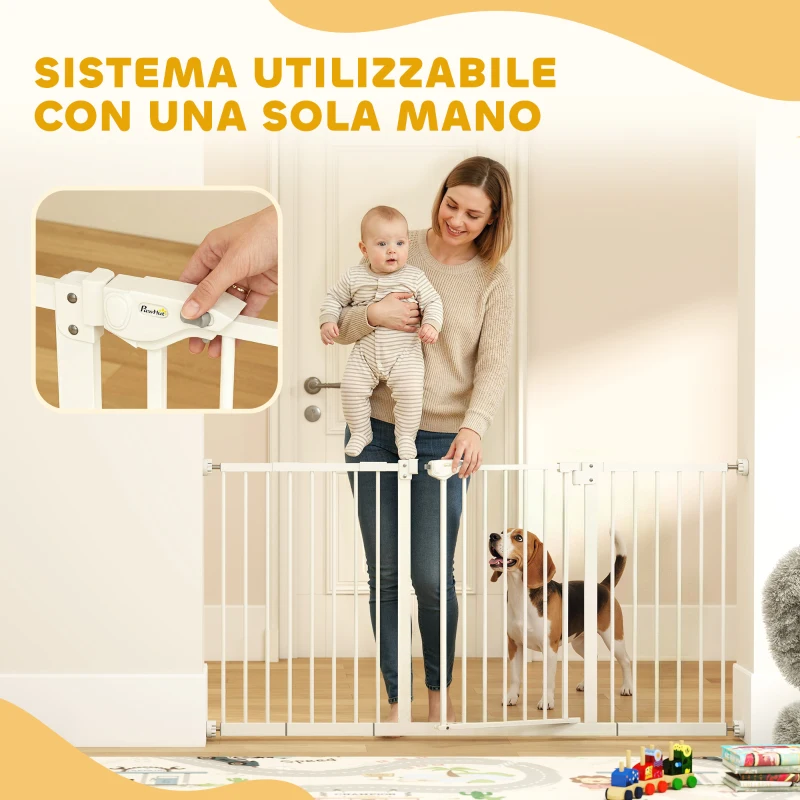 PawHut Cancellino per Cani a 3 Estensioni con Larghezza Regolabile 74-148 cm e Chiusura Automatica, Bianco