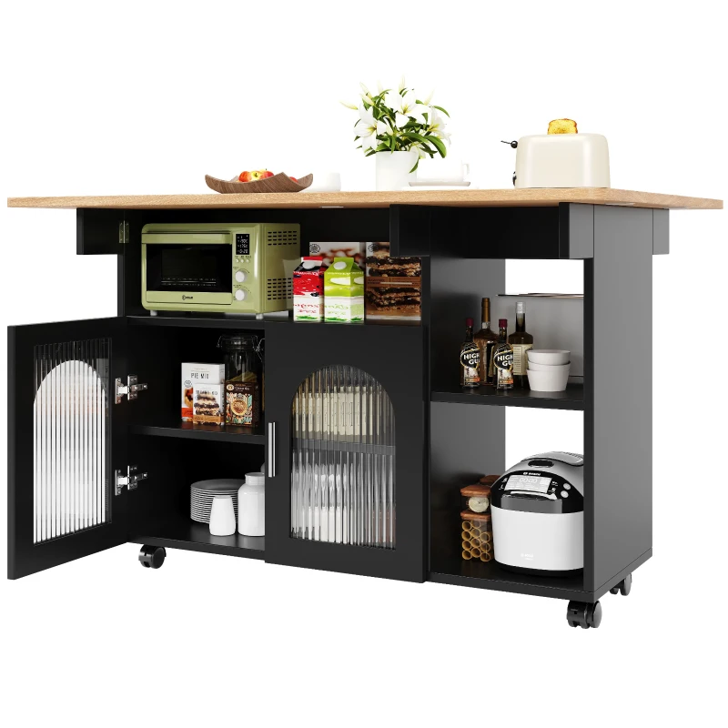 Mobile Kitchen Island with Folding Dining Tops and Storage, Multifunctional Dining Trolley for Modern Homes, 120L x 30-70W x 79.5H cm, Black