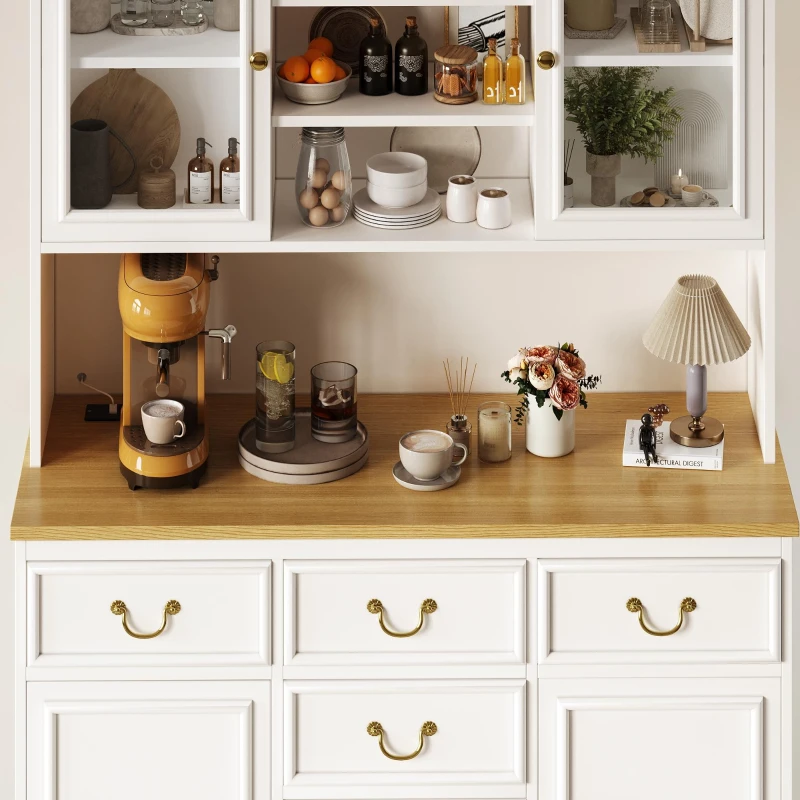 Tall Kitchen Cabinet with Integrated USB Ports & Ergonomic Worktop, Stylish Sideboard with Adjustable Shelves, 118L x 39.5W x 180H cm, White