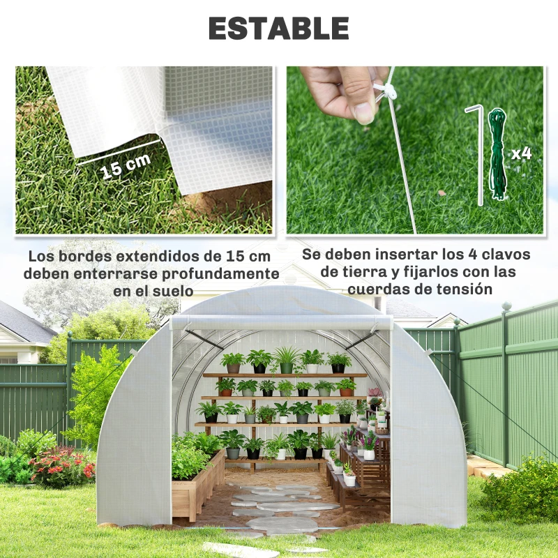 Outsunny Invernadero de Túnel 6x3x2m Invernadero de Terraza con 8 Ventanas Cubierta de Polietileno 140 g/m² Marco de Acero Blanco