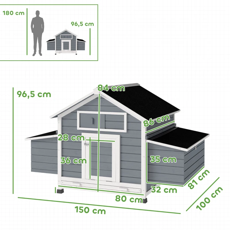 PawHut Gallinero de Madera para Exterior con 2 Nidos Bandeja Extraíble Perchas Techo Impermeable 150x100x96,5 cm Gris