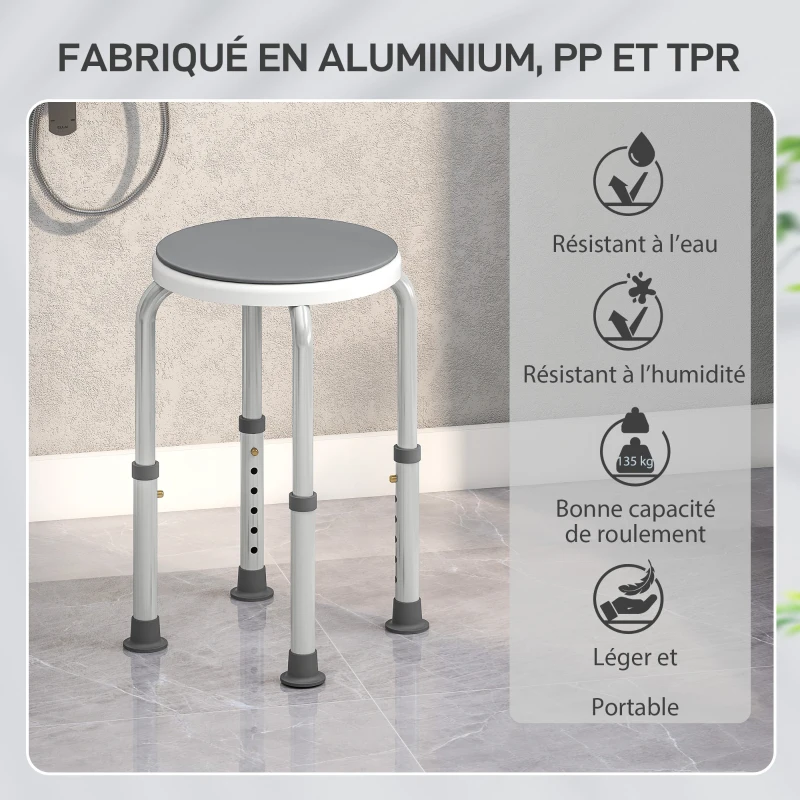HOMCOM Tabouret de douche siège de douche antidérapant tabouret de bain hauteur réglable pivotant à 360° en aluminium