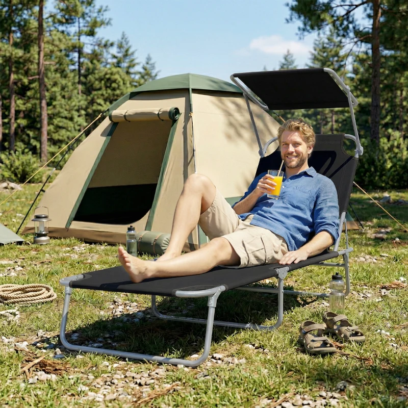 Outsunny Transat Bain de Soleil Pliable Chaise Longue Pliante Grand Confort Dossier Inclinable Multi-positions et Pare-Soleil réglable Dim. 187L x 58l x 36H cm Noir