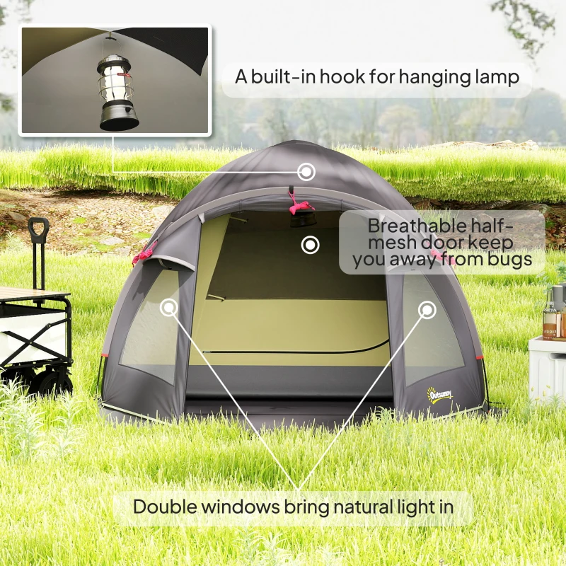 Outsunny Camping Tent for 2 Person, 3000mm Waterproof UPF50+ Family Tent with 2 Rooms, Sewn-in Groundsheet and Hook, Portable and Lightweight with Carry Bag for Fishing Hiking Festival, Black