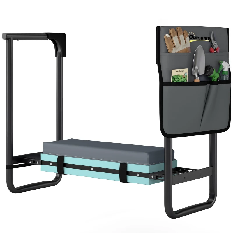 Outsunny Taburete de Jardín Plegable con Almohadilla de Espuma EVA Asiento de Jardín con Bolsa para Herramientas Gris Oscuro