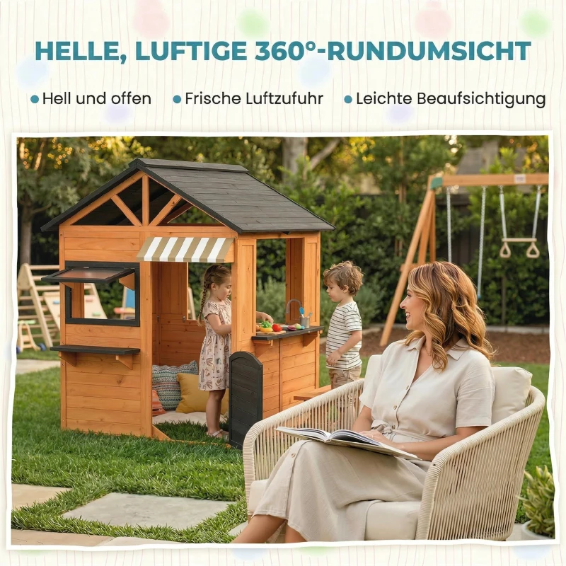 AIYAPLAY Kinderspielhaus Holz Spielhaus Outdoor mit Küche Bank Verkaufstheke Fenster Tür für 3-8 Jahre 171,5 x 146 x 156 cm Braun