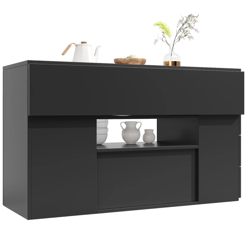 Adjustable Kitchen Island with 2 Stools, 6-Drawer and Generous worktop, Versatile Sideboard with Open Shelves, 140L x 40W x 89H cm, Black