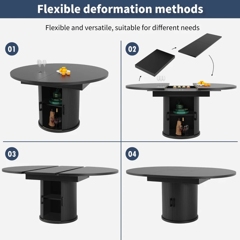 Extendable Dining Table with Curved Sliding Doors and 2 Shelves, Space-Saving Kichen Table for 6 People, 118L x 118W x 76H cm, Black