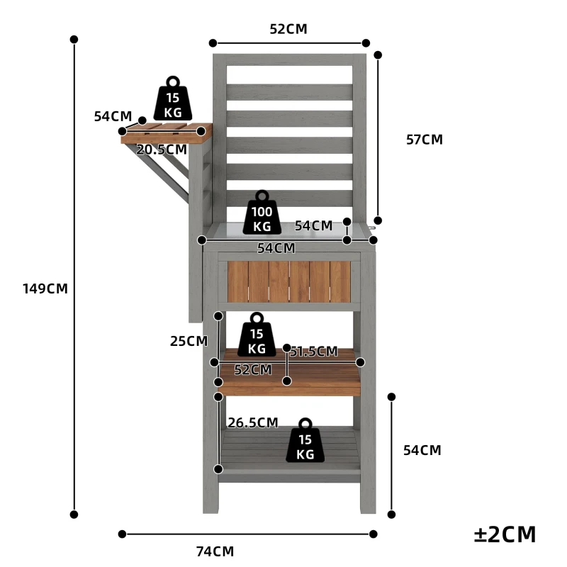 Wooden Garden Cabinet with Stainless Steel Worktop & 2-Tier Shelving, Versatile Sideboard for Patio or Balcony, 74L x 54W x 149H cm, Natural