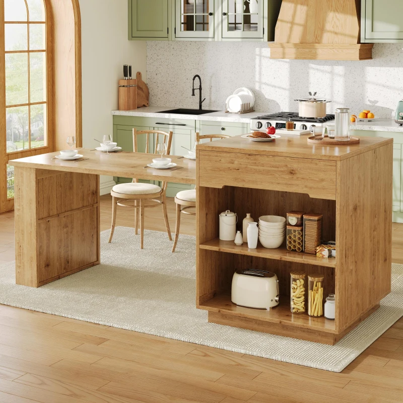Versatile Kitchen Island with Extendable Table and 2 Drawers, Stylish Storage Cabinet for Dining Areas, 122-195L x 70W x 93.5H cm, Wood