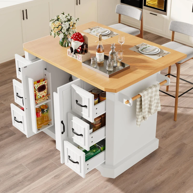Mobile Kitchen Island with 2 Doors, 6 Drawers and Wood-Effect Worktop, Rolling Cart for Compact Dining Areas, 120L x 45W x 91H cm, White