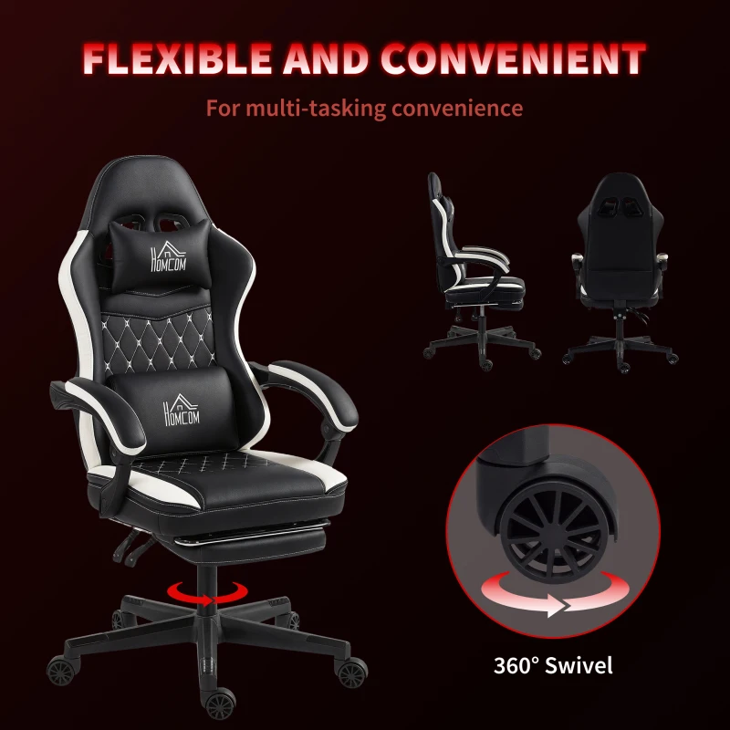 HOMCOM Fotel gamingowy z podnóżkiem, komputerowy z podparciem głowy i poduszką, obicie ze skóry ekologicznej, obrotowy, regulowany, metal, tworzywo sztuczne, czarno-biały