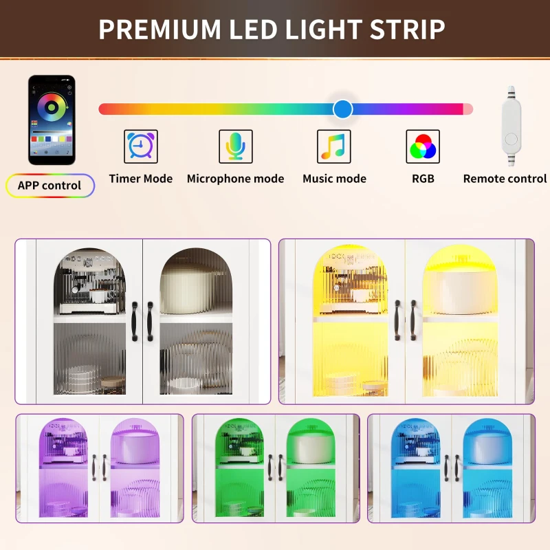 Extendable Kitchen Island with App-Controlled RGB Lighting, Versatile Storage Cabinet with Adjustable Shelf, 126-196L x 59W x 94H cm, White