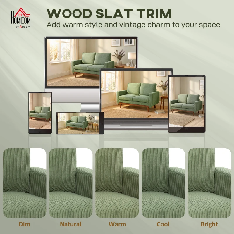 HOMCOM 2-Sitzer-Sofa, 134 cm Cord-Sofa mit Taschenfedern, dicker Rückenlehne, Holzlatten-Akzent, Grün