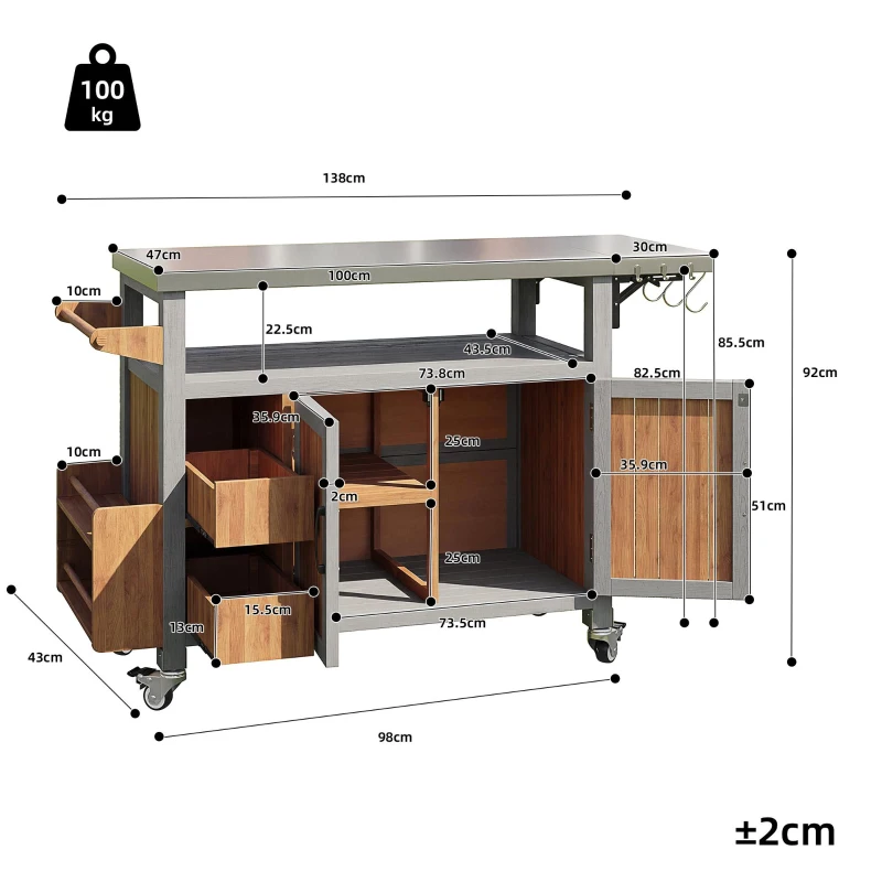 Weatherproof Serving Trolley with Extendable Side Shelf, Outdoor Side Table for Garden Parties, 100-138L x 47W x 92H cm, Natural