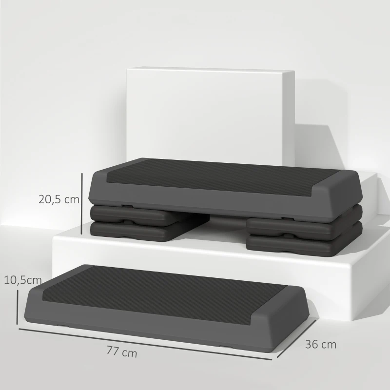 SPORTNOW Step de Aeróbic Step para Fitness Antideslizante Altura Regulable 3 Niveles 77x36x20,5cm Gris y Negro