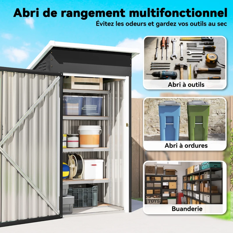 Outsunny Abri de jardin en métal, cabane de jardin, porte verrouillable, toit incliné, aérations et gants, 107,5x91x185cm, gris
