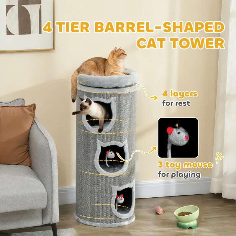PawHut Beczka do drapania dla kotów, 96 cm, 4-poziomowa wieża dla kota z pralnym łóżkiem, 3 jaskinie, wiszące zabawki, dla wielu kotów, szary