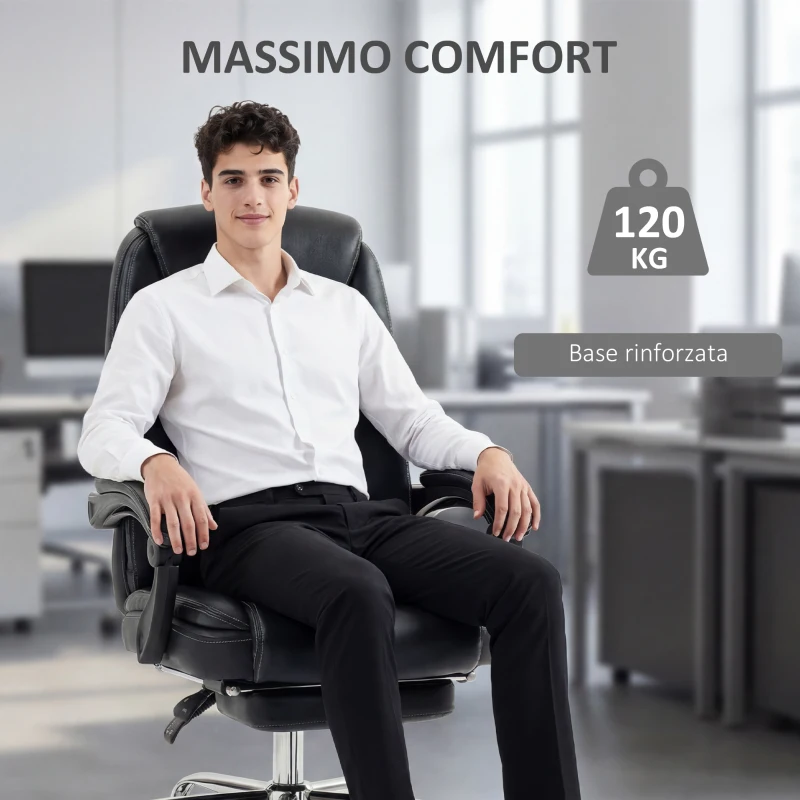 HOMCOM Sedia da Ufficio Reclinabile con Poggiapiedi Estraibile in Pelle PU, Capacità 120 kg, Nero