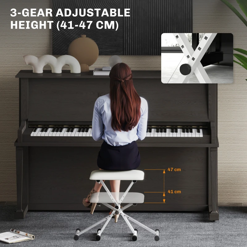 HOMCOM Stołek do pianina z regulowaną wysokością, składana ławka X-kształtna z wyściełanym siedziskiem, 39 x 29 x 37–47 cm, biały