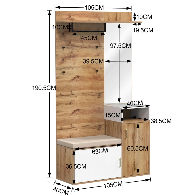 Garderoben-Set mit Spiegel, Sitzbank, 2 Schuhfächern, Haken und Garderobenstange, 105 x 40 x 190,5 cm, Weiß+Naturfarbe