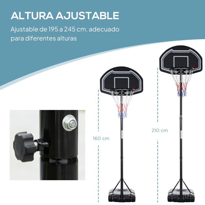HOMCOM Canasta de Baloncesto para Exterior Altura Ajustable 160-210 cm con Ruedas y Base Rellenable 76x48x254 cm Negro