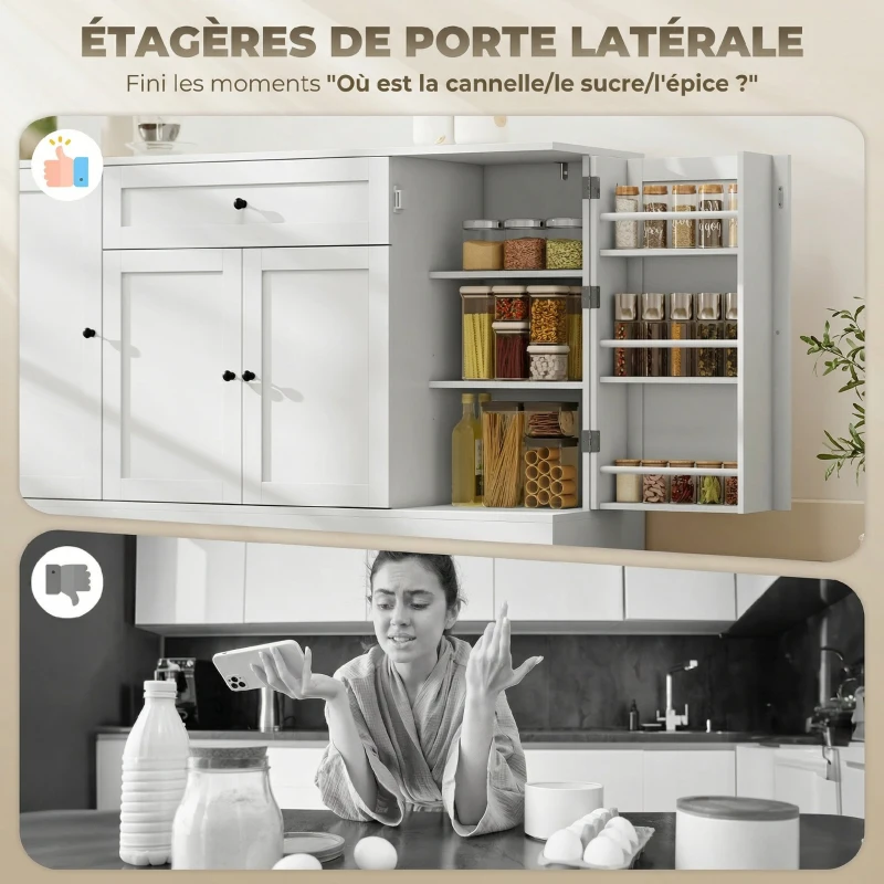 HOMCOM Buffet cuisine, meuble de rangement avec tiroir, 4 portes à fermeture douce, racks-porte et étagères réglables, blanc