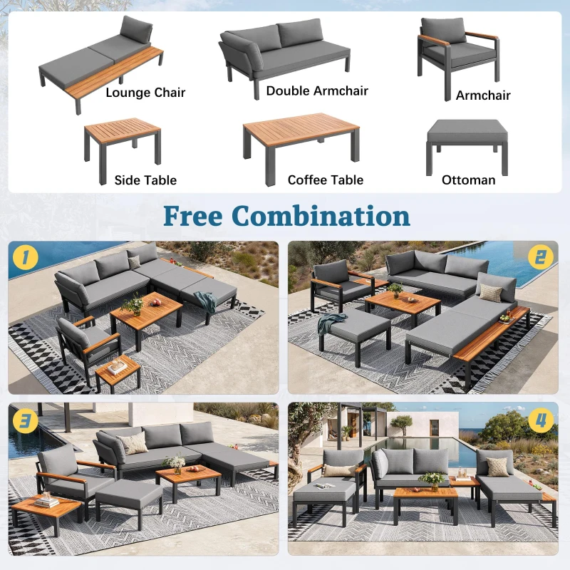 Modular Outdoor Garden Sofa Set with Aluminium Frame, Sturdy Lounge Set with Acacia Wood Coffee Table, 150L x 81.5W x 76H cm, Gray