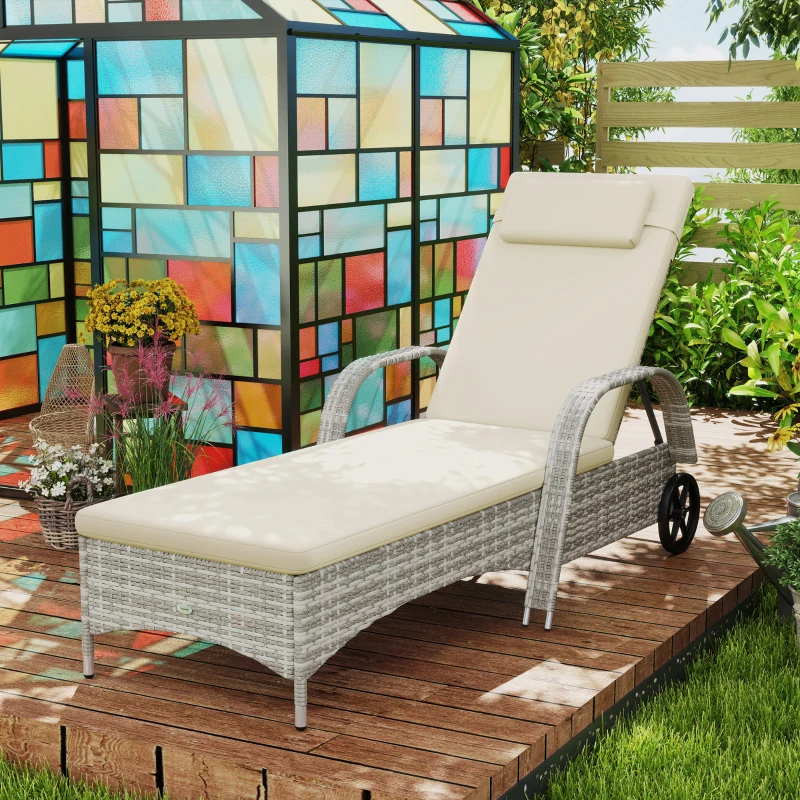 Outsunny Transat bain de soleil matelas inclinaison réglable multipositions accoudoirs roulettes 200 x 73 x 30-103 cm gris clair