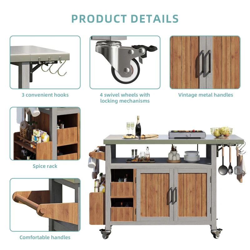 Weatherproof Serving Trolley with Extendable Side Shelf, Outdoor Side Table for Garden Parties, 100-138L x 47W x 92H cm, Natural