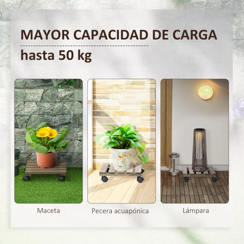 Outsunny Pack de 2 Plataformas con Ruedas de Madera Soportes para Plantas Macetas Exterior Interior Carga 50 kg Marrón Oscuro