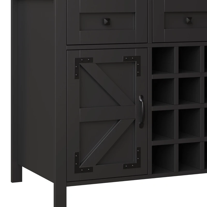 Tall Kitchen Cabinet with Integrated Power Strip and Wine Glass Rack, Stylish Sideboard with Cable Management, 120L x 40W x 170H cm, Black