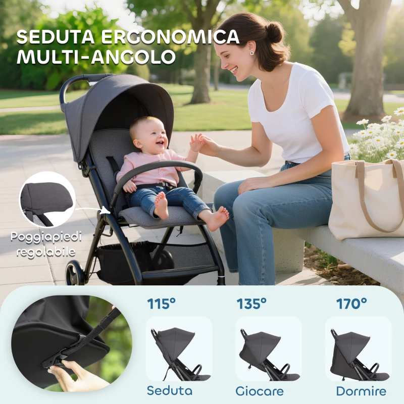 AIYAPLAY Passeggino per Bambini 0-3 Anni Pieghevole e Leggero con Schienale Regolabile, Capottina, Cestino, Grigio Scuro