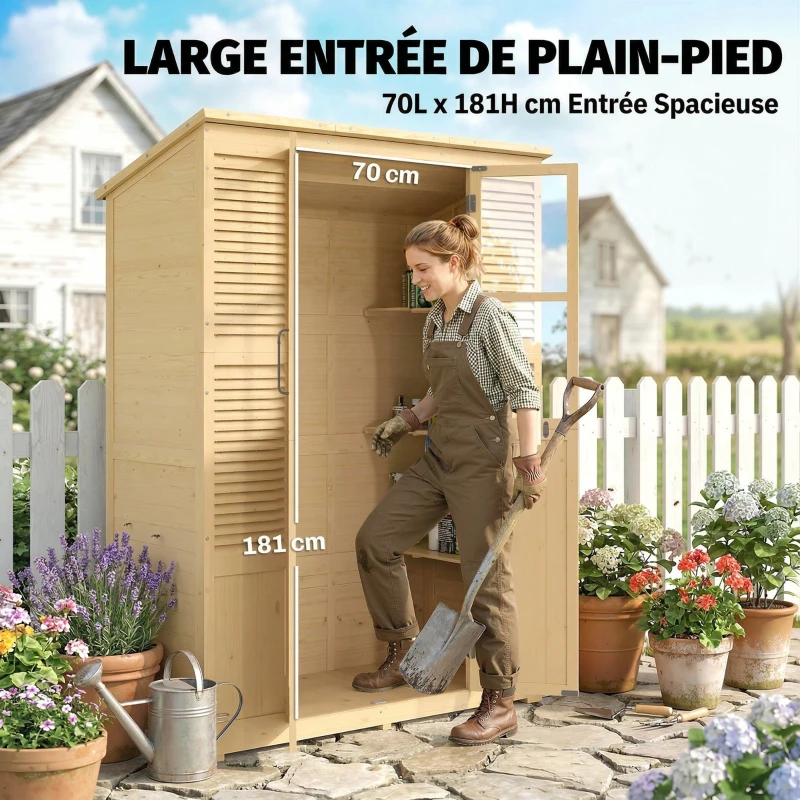 Outsunny Armoire de Jardin, 4 Fenêtres, 6 Étagères, Toit en Asphalte Hydrofuge, Ventilation à Persiennes, 147x68x198cm, Naturel