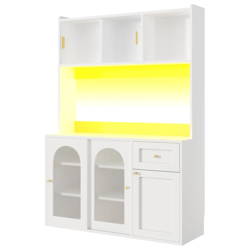 Stylish Kitchen Cabinet with App-Controlled LED and Music-Sync Lighting, Tall Buffet Sideboard for Living Area, 120L x 35W x 167H cm, White