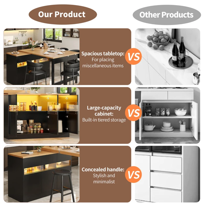 Extendable Bar Table with App-Controlled LED Lighting, Modern Kitchen Island with 360° Swivel Function, 120-180L x 40W x 71.5H cm, Black