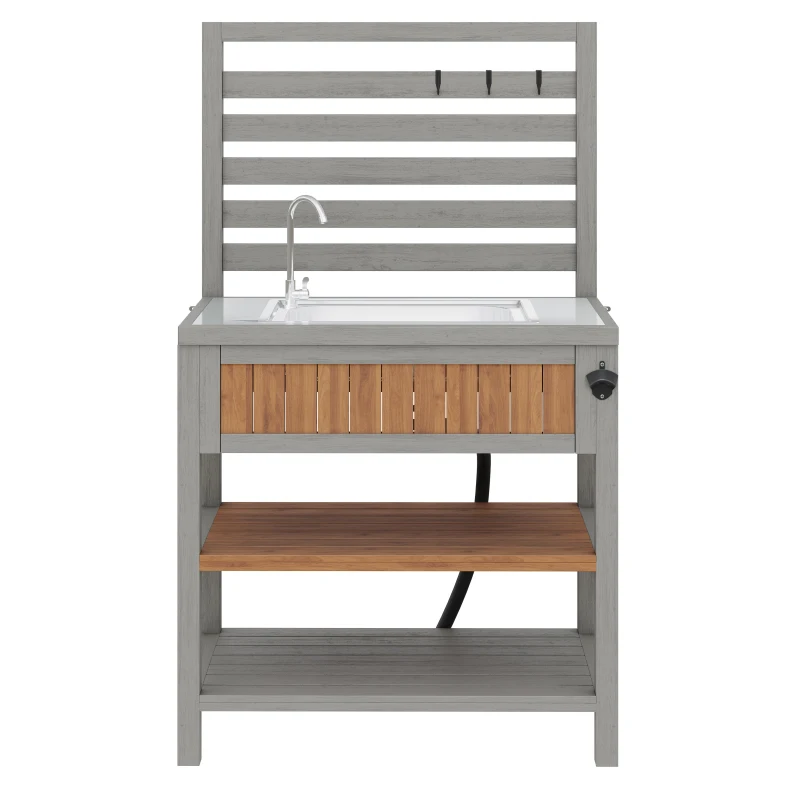 Weatherproof Garden Cabinet with Large Work Surface, Outdoor Kitchen Sideboard with Adjustable Shelves, 80L x 51W x 148.5H cm, Natural