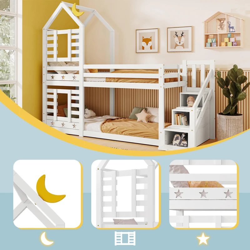 Cabin-Style Bunk Bed with Staircase Storage and Under-Bed Drawers, Stylish Bed Frame for Child's Room, 235L x 97W x 217H cm, White
