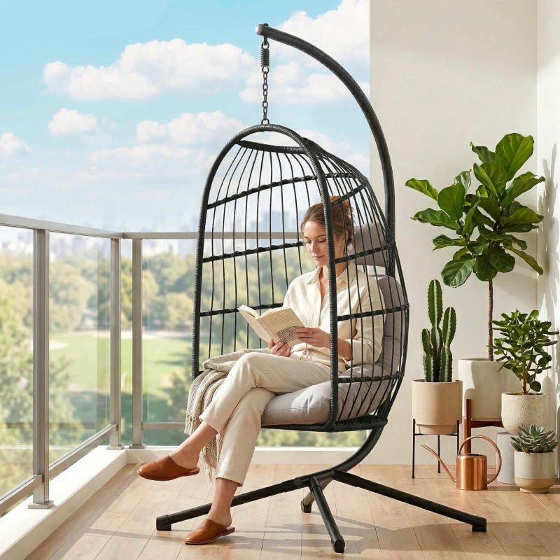 Outsunny Fauteuil Œuf Suspendu Pliable avec Support Coussin 15cm et Appui-tête Gain de Place Résine Tressée 101x105x196cm Gris