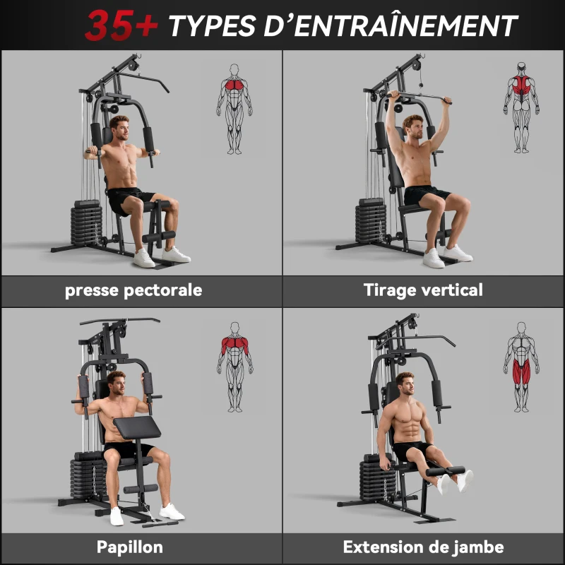 HOMCOM Station de musculation fitness avec 9 blocs de poids de 5 kg, 45kg au total, entraînement complet - 200 x 135 x 103 cm
